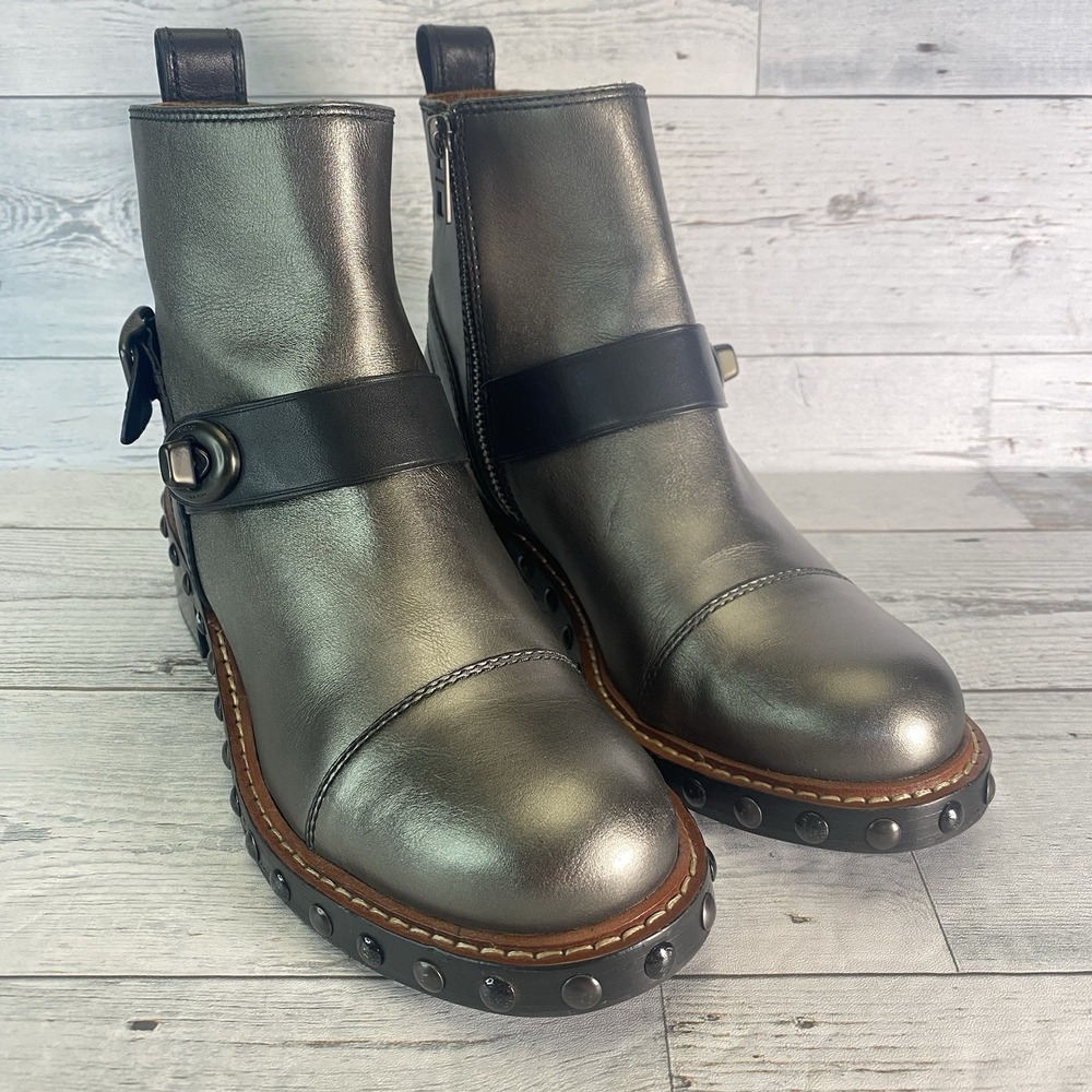Coach Moto Booties Womens 6 B Gunmetal Black Leather Studded Biker Floral Charm